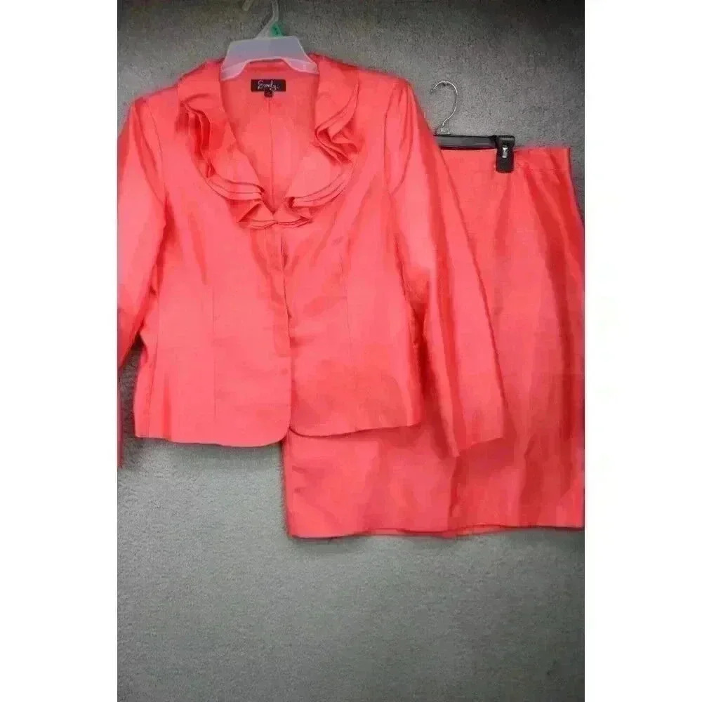 Emily Ruffled Collar 2-Piece Skirt Suit-Size 16-Coral-Office Wear-Career